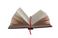 An open book with a red cover, on a white background.