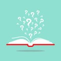 Open book with red book cover and white question marks flying out. Isolated on turquoise background Royalty Free Stock Photo