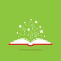 Open book with red book cover and white stars flying out. Isolated on green background Royalty Free Stock Photo