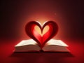 Open book in red heart shape on a dark background Royalty Free Stock Photo