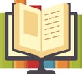 Open book resting on a computer monitor, surrounded by colorful books in the background, illustrating the concepts of online