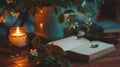An open book resting on a wooden table against the background of a vase and a burning candle, poster Royalty Free Stock Photo