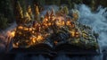An open book reveals an enchanted forest village, its glow casting a warm light. Royalty Free Stock Photo
