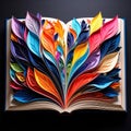 An open book reveals a vibrant explosion of colorful paper leaf art forms. Royalty Free Stock Photo