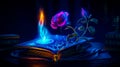 An open book with rose and candle on it. Generative AI Royalty Free Stock Photo