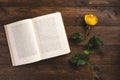 Open book and rose, isolated on wooden background Royalty Free Stock Photo