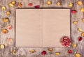 Open book and rose petals on wooden background. Romantic background. Paper background. Blank book Royalty Free Stock Photo
