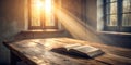 Open book on rustic wooden table illuminated by sunlight streaming through window. Generative AI Royalty Free Stock Photo