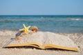 Open book sand seashells sea star beach sea shore blue sky white wave summer weekend vacation Royalty Free Stock Photo