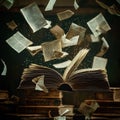 Open book with scattered pages in motion Royalty Free Stock Photo