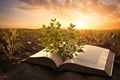 Open book with seedling growing from it. Sunset or sunrise background. Bible or knowledge concept