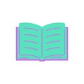 Open book with sheets and text. Flat style icon. School textbook, online learning, e-book. Royalty Free Stock Photo