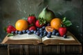 An open book showcasing vibrant pages, topped with a colorful assortment of fresh fruits Royalty Free Stock Photo