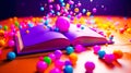 Open book sitting on top of table filled with lots of colorful balls. Generative AI