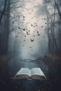 An open book sitting on top of a table in the middle of a forest. Generative AI image. Royalty Free Stock Photo