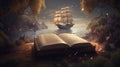an open book sitting on top of a wooden floor next to a boat in the water and a forest filled with trees and birds flying Royalty Free Stock Photo