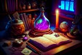 Open book sitting on top of wooden table next to candle Royalty Free Stock Photo