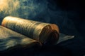 An open book with smoke billowing out from its pages, creating an intriguing and mysterious atmosphere, Ancient Quranic scroll