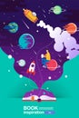 Open book, space background, school, reading and learning , Imagination and inspiration picture. Fantasy and creative ,Vector flat