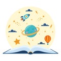 Open book and space elements. Planet, rocket, star, cloud, aerostat. Education concept for kids. Knowledge, creativity, Royalty Free Stock Photo