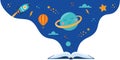 Open book and space elements. Planet, rocket, star, cloud, aerostat. Education concept for kids. Knowledge, creativity, Royalty Free Stock Photo