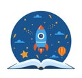 Open book and space elements. Planet, rocket, star, cloud, aerostat. Education concept for kids. Knowledge, creativity, Royalty Free Stock Photo