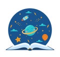 Open book and space elements. Planet, rocket, star, cloud, aerostat. Education concept for kids. Knowledge, creativity, Royalty Free Stock Photo