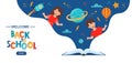 Open book and space elements. Planet, rocket, star, cloud, aerostat. Education concept for kids. Knowledge, creativity, Royalty Free Stock Photo