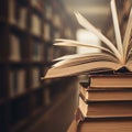 Open Book Stack Against Library Shelves Royalty Free Stock Photo