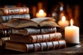 Open Book on Stack of Antique Books by Candlelight Royalty Free Stock Photo