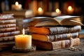 Open Book on Stack of Antique Books with Candlelight Royalty Free Stock Photo