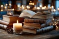 Open Book on Stack of Antique Books by Candlelight Royalty Free Stock Photo