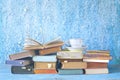 Open book on a stack of books, reading, learning, education concept, copy space Royalty Free Stock Photo