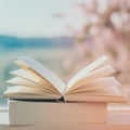 Open Book on Stack of Books Near Window with Soft Spring Light Royalty Free Stock Photo