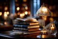 Open Book on Stack with Lamp and Candle Royalty Free Stock Photo