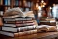 Open Book on Stack of Old Books in Library Royalty Free Stock Photo
