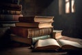 open book on a stack of vintage hardback books on table. concept of education, copy space Royalty Free Stock Photo