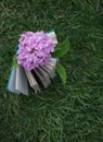 Open book stands upright on the green grass. Above is a pink hydrangea flower Royalty Free Stock Photo