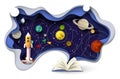 Open book with sky, planets, zodiac constellations, cosmonaut, rocket, vector paper cut illustration. Astronomy science.