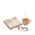 Open Book with Steaming Tea Cup and Eyeglasses on a White Background in Pixel Art Royalty Free Stock Photo