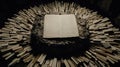 Open book on stone, surrounded by books, dark room, knowledge concept Royalty Free Stock Photo