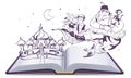 Open book story tale Magic lamp Aladdin. Arab tales Alladin, genie and Princess Royalty Free Stock Photo