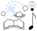 Open book with planets, musical note, and a light bulb representing creativity, knowledge, and science Royalty Free Stock Photo