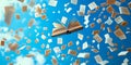 An Open Book Surrounded by a Whirlwind of Pages, Celebrating Knowledge and Literature in Style Royalty Free Stock Photo
