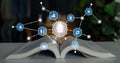 Creative Concept of Knowledge Sharing and Innovation with Light Bulb on Open Book Surrounded by Technology Icons and Royalty Free Stock Photo