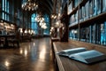 Open Book on Table in Grand Library Interior Royalty Free Stock Photo