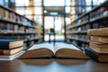 Open book on a table with stacks of books on the sides. Blurred modern library on a background