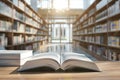 Open book on a table with stacks of books on the sides. Blurred modern library on a background