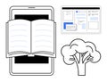 Digital Learning Concept with Open Book, Tablet, Browser, and Tree for Eco-Friendly Education Royalty Free Stock Photo