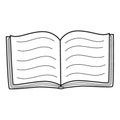 An open book with text. Doodle. Hand-drawn black and white vector illustration. Symbol of study, learning, education, school.